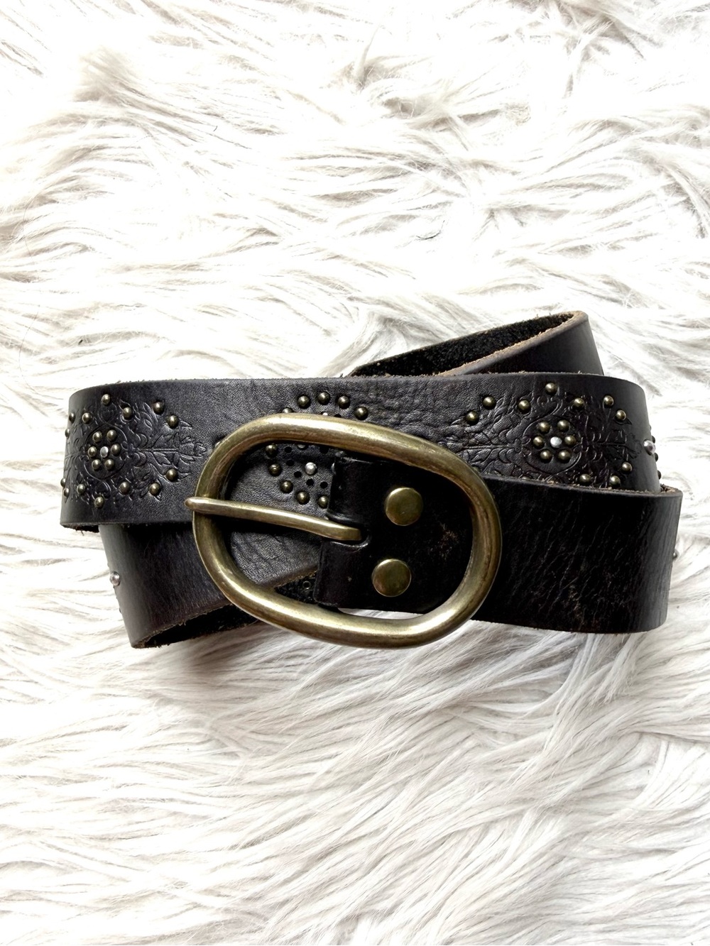 Lucky Brand Brown Genuine Leather Studded Floral Belt Boho Western Y2K M